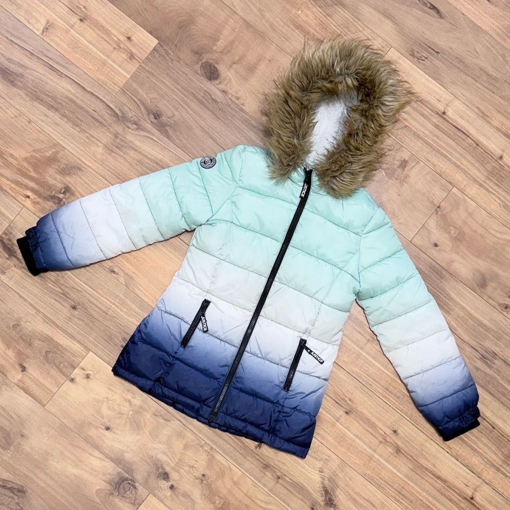 JUSTICE girls winter puffer coat with removable fur lining size 8